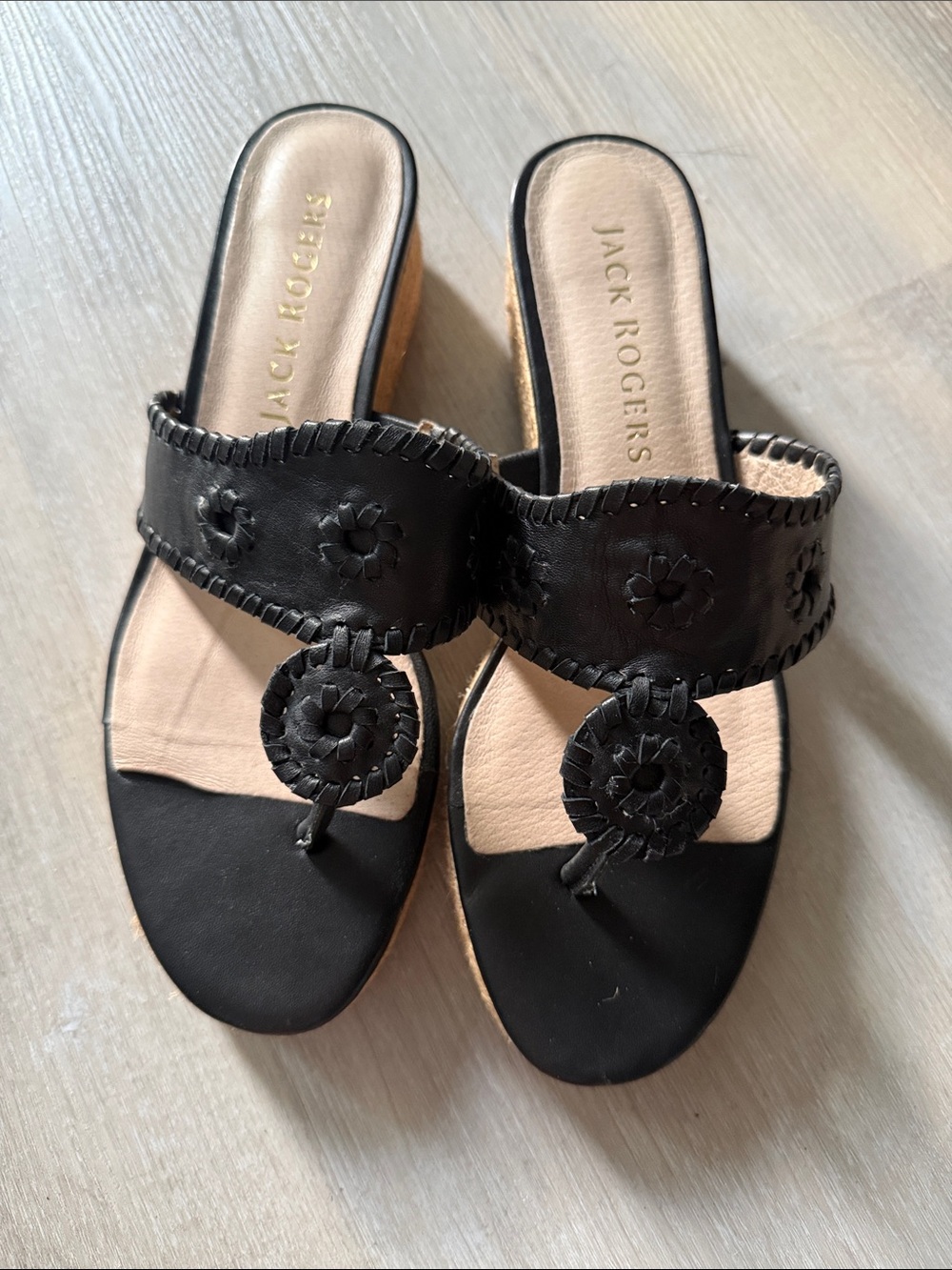 Jack Rogers Black Leather Slide Sandals with Woven Medallions 9.5